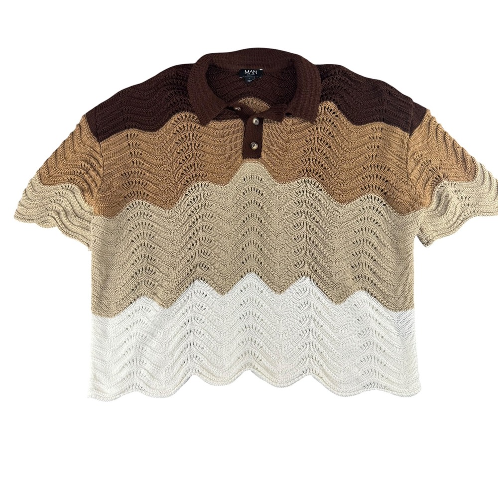 boohooMAN Mens Brown Chevron Pointelle Knit Polo Shirt Large Colorblock Retro